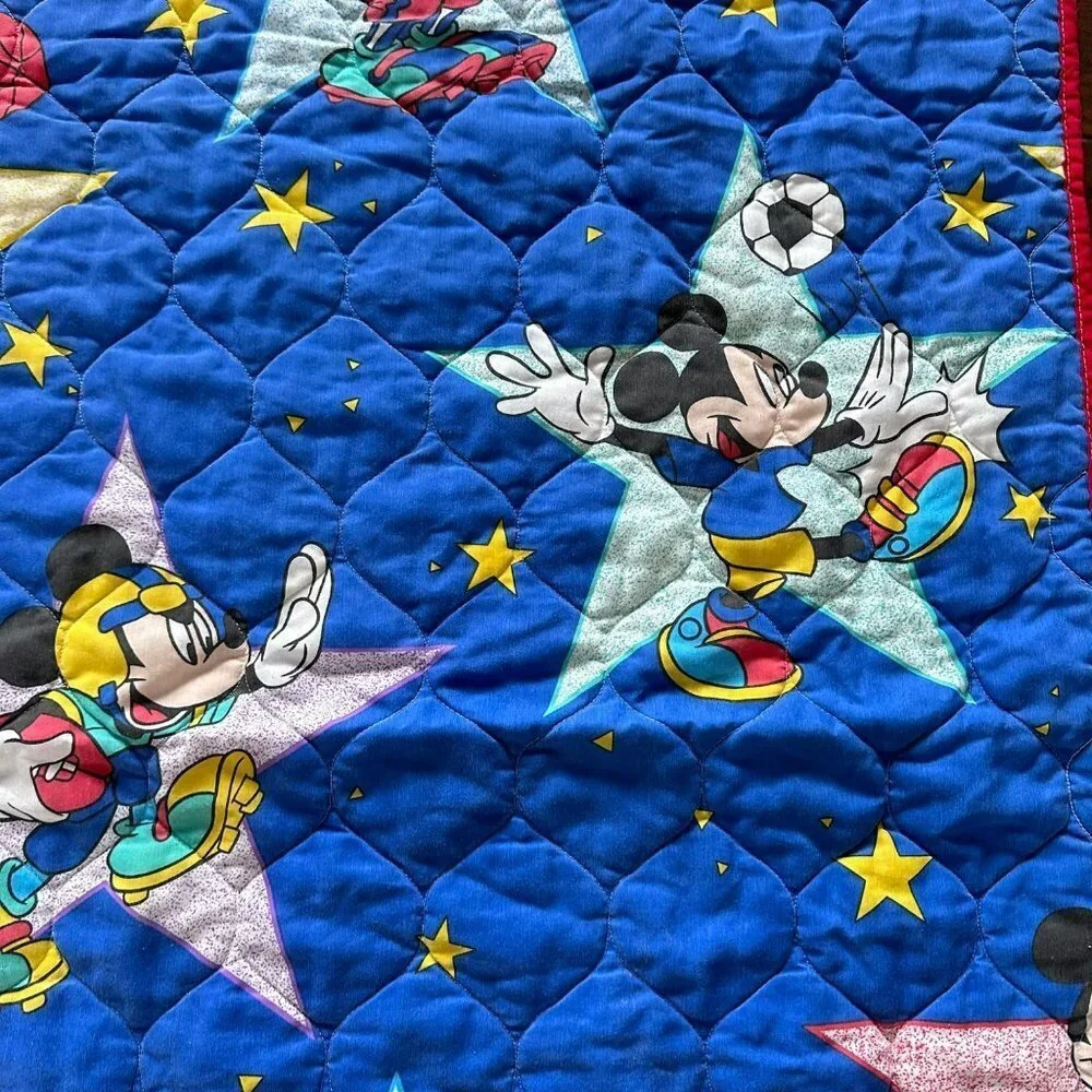 Vintage 80's Disney Quilt Sports Mickey Print 40x54 football basketball soccer b